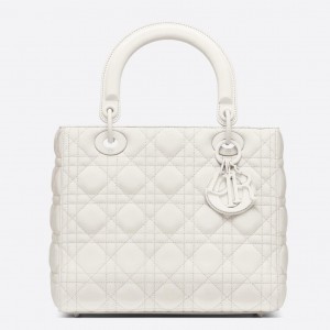 Dior Lady Dior Medium Bag In White Ultramatte Cannage Calfskin