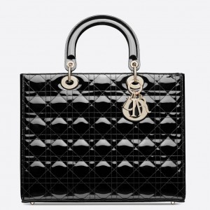 Dior Lady Dior Large Bag In Black Patent Cannage Calfskin