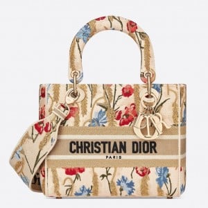 Dior Lady D-Lite Medium Bag In Hibiscus Metallic Thread Embroidery 