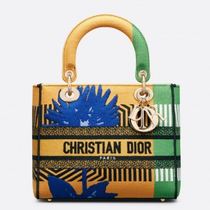 Dior Lady D-Lite Medium Bag In Yellow & Green D-Flower Pop Embroidery