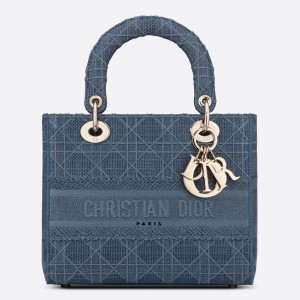 Dior Lady D-Lite Medium Bag In Blue Cannage Embroidered Canvas