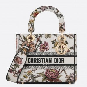 Dior Lady D-Lite Medium Bag In White Jardin Botanique Embroidery