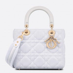 Dior Lady D-Lite Medium Bag In White Macrocannage Technical Fabric