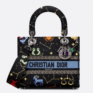 Dior Lady D-Lite Medium Bag In Black Pixel Zodiac Embroidery