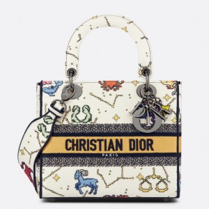 Dior Lady D-Lite Medium Bag In White Pixel Zodiac Embroidery