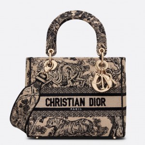 Dior Lady D-Lite Medium Bag In Brown Toile de Jouy Embroidery