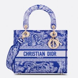 Dior Lady D-Lite Medium Bag In Fluorescent Blue Toile de Jouy Reverse Embroidery