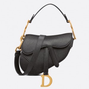 Dior Mini Saddle Bag with Strap in Black Grained Calfskin