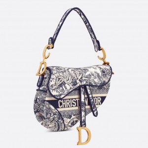 Dior Saddle Bag In Blue Toile de Jouy Embroidery