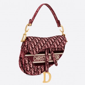 Dior Saddle Bag In Bordeaux Velvet Oblique Embroidered