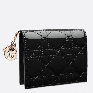 Dior Mini Lady Dior Wallet In Black Patent Calfskin