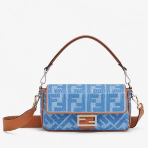 Fendi Baguette Medium Bag in Denim with FF Embroidery 