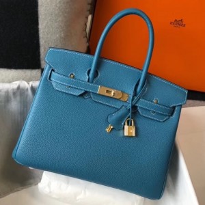 Hermes Birkin 30 Bag in Blue Jean Clemence Leather with GHW