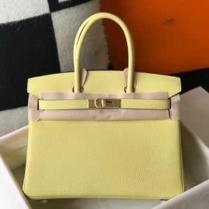 Hermes Birkin 30 Bag in Jaune Poussin Clemence Leather with GHW