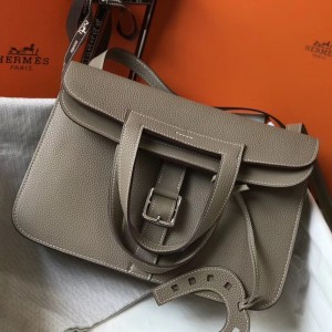 Hermes Halzan 31cm Bag In Tourterelle Clemence Leather