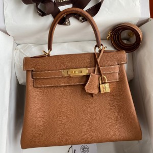 Hermes Kelly Retourne 28 Handmade Bag In Gold Clemence Leather