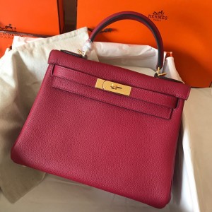 Hermes Kelly Retourne 28 Handmade Bag In Ruby Clemence Leather