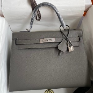 Hermes Kelly Sellier 32 Handmade Bag In Etain Epsom Calfskin