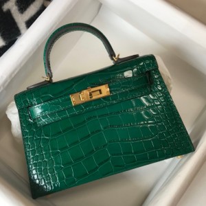 Hermes Kelly Mini II Sellier Bag In Green Crocodile Embossed Leather