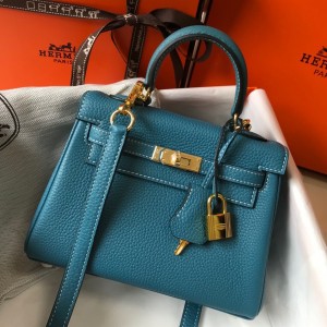 Hermes Kelly 20cm Bag In Blue Jean Clemence Leather GHW