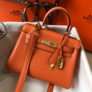 Hermes Kelly 20cm Bag In Orange Clemence Leather GHW