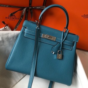 Hermes Kelly 25cm Retourne Bag in Blue Jean Clemence Leather PHW
