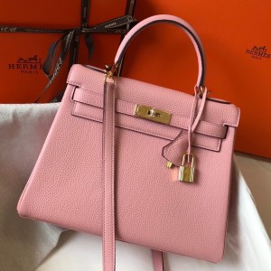 Hermes Kelly 25cm Retourne Bag in Pink Clemence Leather GHW