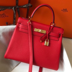 Hermes Kelly 25cm Retourne Bag in Red Clemence Leather GHW