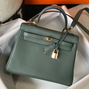 Hermes Kelly 25cm Retourne Bag in Vert Amande Clemence Leather GHW