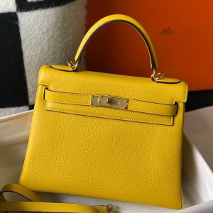 Hermes Kelly 25cm Retourne Bag in Jaune Ambre Clemence Leather GHW