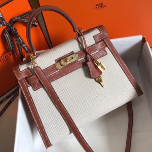 Hermes Kelly 28cm Bag In Canvas With Barenia Leather