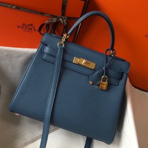 Hermes Kelly 28cm Retourne Bag in Blue Agate Clemence Leather GHW