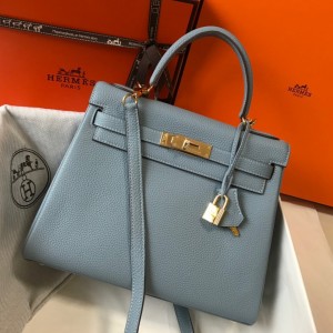 Hermes Kelly 28cm Retourne Bag in Blue Lin Clemence Leather GHW