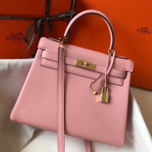 Hermes Kelly 28cm Retourne Bag in Pink Clemence Leather GHW