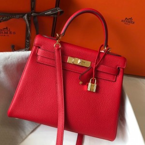 Hermes Kelly 28cm Retourne Bag in Red Clemence Leather GHW