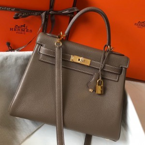 Hermes Kelly 28cm Retourne Bag in Taupe Clemence Leather GHW