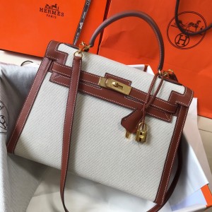 Hermes Kelly 32cm Bag In Canvas With Barenia Leather