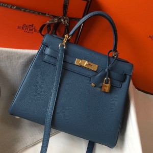 Hermes Kelly 32cm Retourne Bag in Blue Agate Clemence Leather GHW