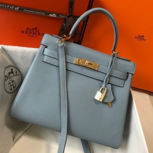 Hermes Kelly 32cm Retourne Bag in Blue Lin Clemence Leather GHW