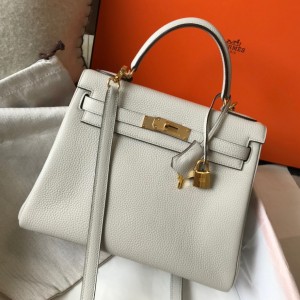 Hermes Kelly 32cm Retourne Bag in Pearl Grey Clemence Leather GHW