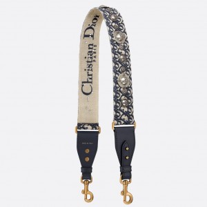 Dior Shoulder Strap in Blue Oblique Embroidery with Medallions