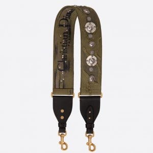 Dior Shoulder Strap in Green Camouflage Embroidery with Medallions 