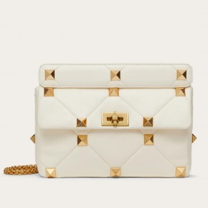 Valentino Roman Stud Large Chain Bag In White Nappa Leather