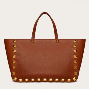 Valentino Roman Stud Tote Bag In Brown Grained Leather