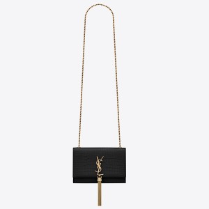 Saint Laurent Kate Small Tassel Bag In Black Crocodile-embossed Leather