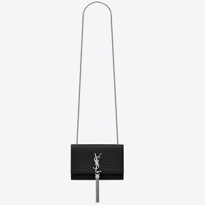 Saint Laurent Kate Small Tassel Bag In Noir Crocodile-embossed Leather