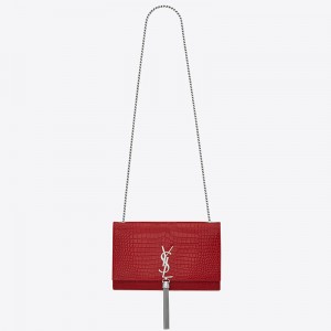 Saint Laurent Kate Medium Tassel Bag In Red Crocodile-embossed Leather