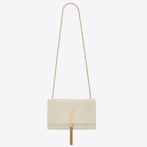 Saint Laurent Kate Medium Tassel Bag In White Crocodile-embossed Leather