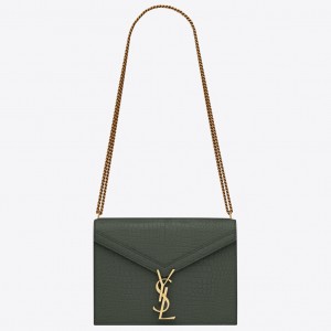 Saint Laurent Cassandra Medium Bag In Green Crocodile Embossed Leather