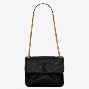 Saint Laurent Niki Baby Chain Bag In Black Crinkled Leather